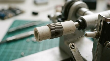 Fototapeta premium Closeup view of a fine gauge resistance wire being precisely wound around a ceramic core highlighting delicate coil layering and detailed craftsmanship in electrical component