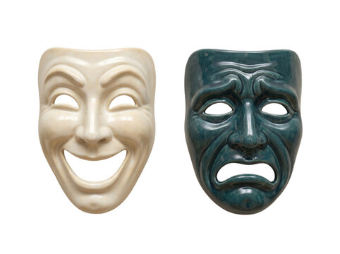 Comedy and tragedy masks contrasted in studio lighting representing duality of emotion and performance