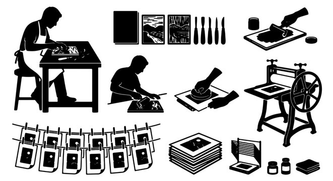 Printmaking Process Vector Icons, Artist Studio Workflow, Graphic Design Elements, Art Creation Tools, Vintage Crafting Set