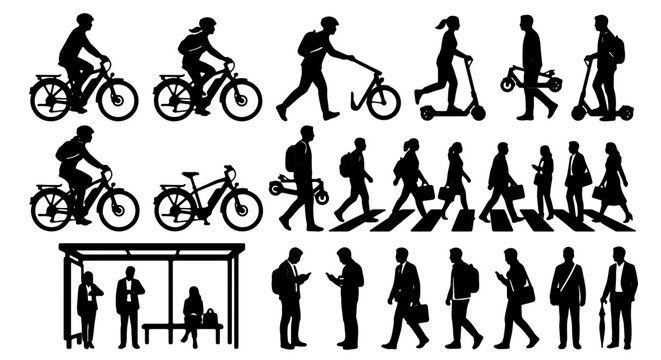 Urban Commute Silhouettes: Cyclists, Scooters, Pedestrians, Bus Stop, 25 Vector Elements for City Life Graphics