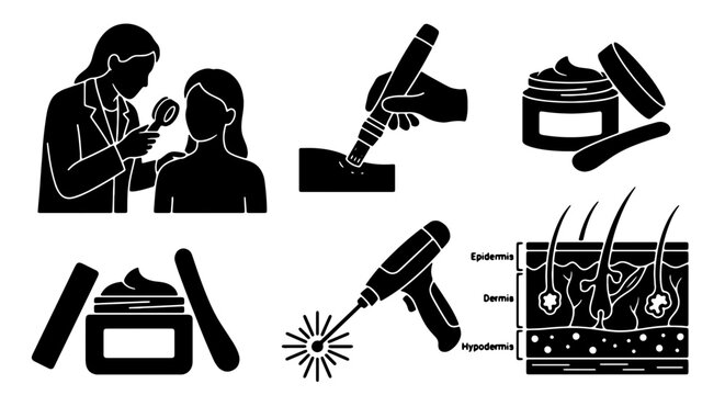 Dermatology and Skin Care Icons Set: Medical Consultation, Laser Treatment, Topical Cream Application, and Skin Layer Anatomy Vector Graphics