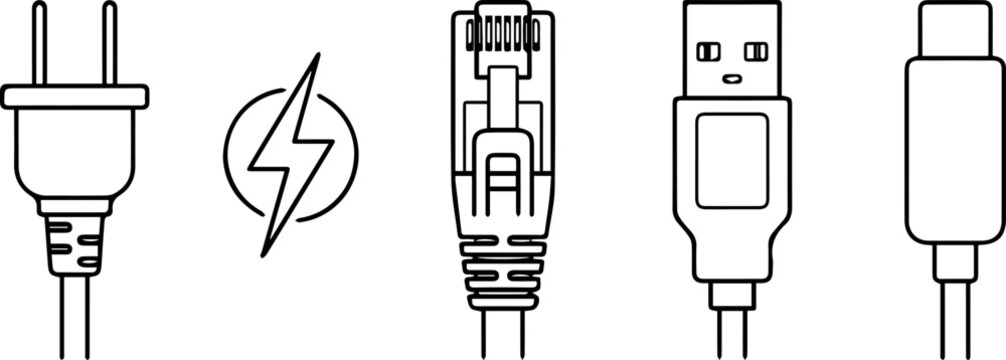 Minimal Cable and Connector Icon Collection Featuring Power Plug, Ethernet, USB and Charging Symbols for Technology Vector Design