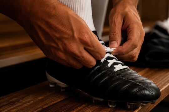 Athlete hands tying laces of black soccer cleats on a wooden bench in changing room