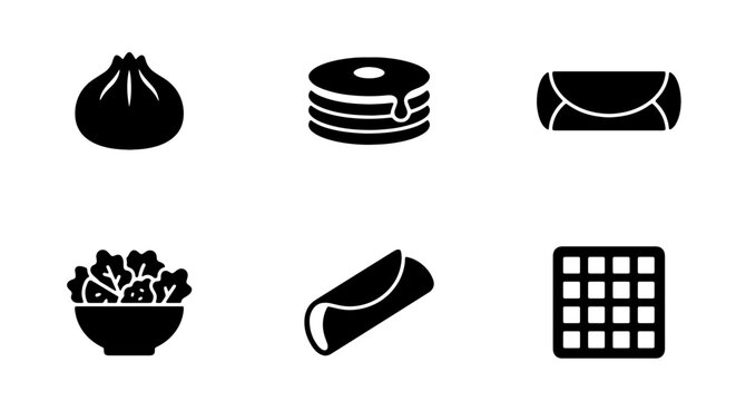 Food Icons Set: Dumpling, Pancakes, Spring Roll, Salad, Burrito, Waffle, Vector Graphics for Culinary Design
