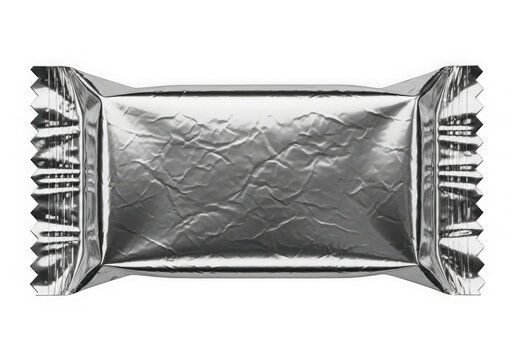 Single chocolate candy bar wrapped in shiny silver metallic foil packaging
