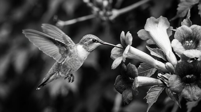 Monochrome hummingbird black and white photo of a bird flying, nature wildlife macro, delicate wings hovering near a flower,