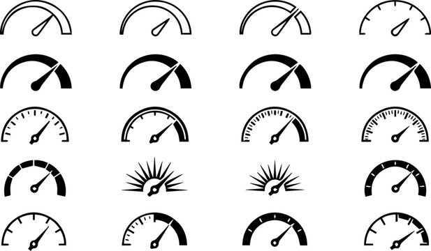 Minimal Speedometer Gauge Icon Collection Featuring Performance Meter Indicators for Dashboard, Tachometer and Automotive Vector Design