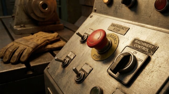 Industrial button panel with a red button for emergency stop and machinery control switch. Control panel safety gear, technology