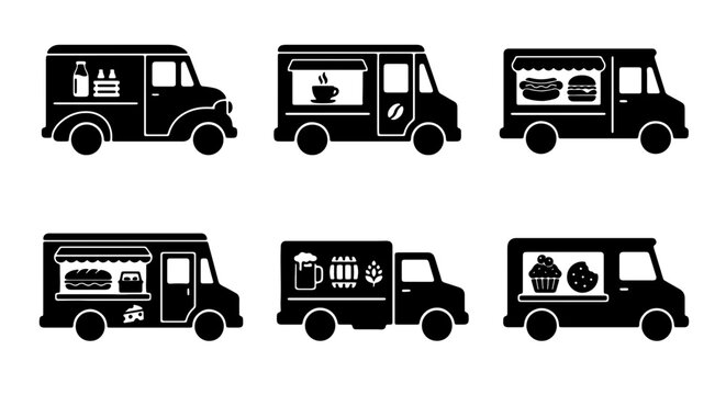 Set of 6 Black Food Truck Icons, Mobile Kitchen Vector Graphics, Street Food Van Illustrations, Fast Casual Dining Vehicles, Commercial Catering Transport, Urban Eatery Designs