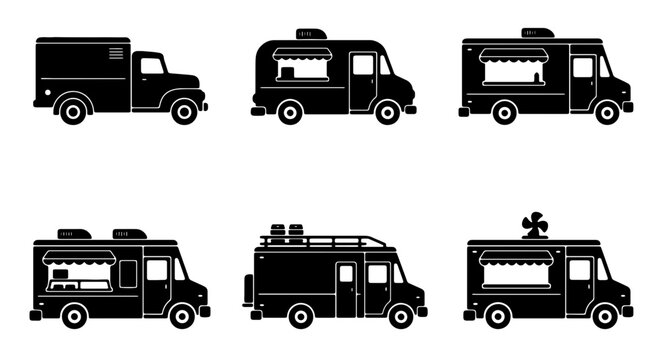 Set of Six Black Food Truck Icons, Mobile Kitchen Vehicle Silhouettes, Street Food Vendor Van Graphics, Commercial Catering Transport Vector Collection