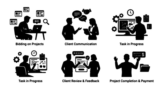 Business Project Lifecycle Icons: Bidding, Communication, Task, Review, Payment, Vector Set