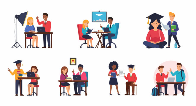 Educational graduation illustration with diverse students celebrating academic achievement. Flat vector design features diploma, mortarboard, and classroom setting.