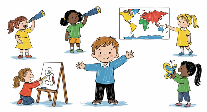 Colorful children drawing and presenting world map on easel with paintbrushes and globes. Educational activity for kids learning geography. Concept for classroom teaching, school project,