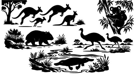 Australian Wildlife Silhouette Collection: Kangaroos, Koalas, Emus, Platypus, Wombat, Vector Icons for Nature and Safari Themes © Rashidul