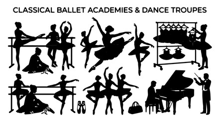 Classical Ballet Academies & Dance Troupes: Silhouette Set of Dancers, Pianos, and Costumes for Performance and Training © Rashidul