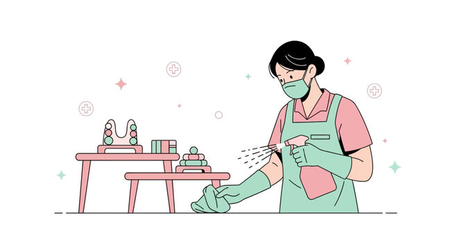 Woman in mask and gloves disinfecting toys on a table, hygiene concept