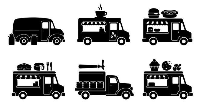 Set of 6 Black and White Food Truck Icons, Mobile Kitchen Vehicles, Street Food Vendors, Commercial Transport, Urban Dining, Vector Graphics