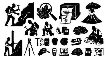 Geology Science Icons Set: Mining, Volcano, Earthquake, Fossils, Crystals, Maps, Tools, Surveying Equipment, Geologist, Researcher, Earth Science, Natural Resources © Shariful