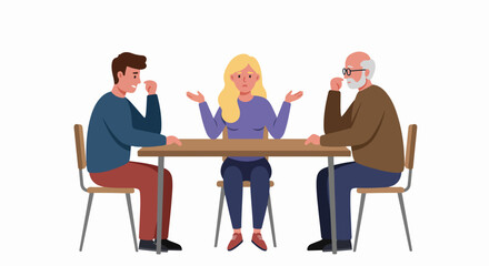 Obraz premium Illustrated meeting with three people sitting at round table discussing business. Flat vector style for corporate presentations, teamwork concept.