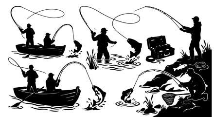 Premium Fishing Silhouettes: Anglers Casting Lines, Catching Fish, Rowing Boats, Riverbank Scenes, Vintage Outdoor Activity Vector Set © Mohaiminul