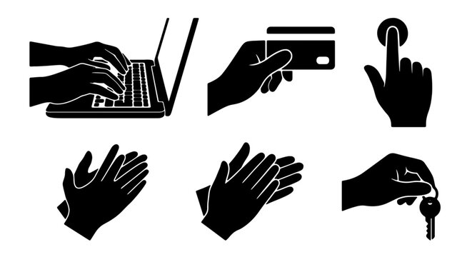 Set of 6 Black Silhouette Icons: Hands Typing on Laptop, Holding Credit Card, Touching Screen, Clapping, and Holding Key