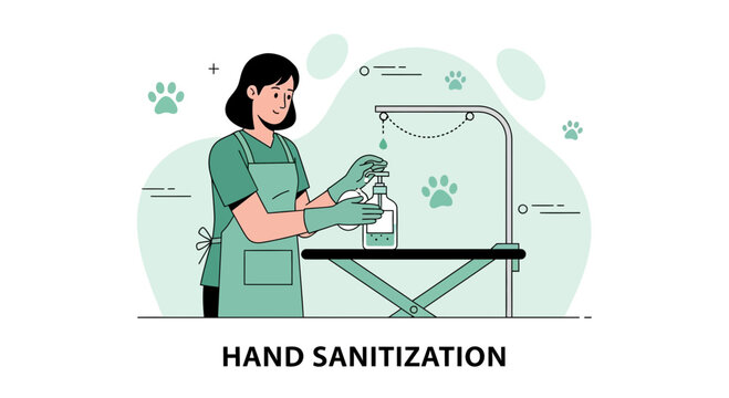 Woman sanitizing hands with gel dispenser, hygiene concept, paw prints background