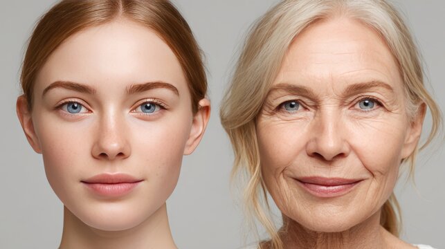 Comparison of young and aged skin with collagen and elastin layers.