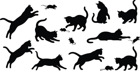  Set of Cat and Mouse Silhouettes Playing and Hunting Vector Illustration © kamrunnahar