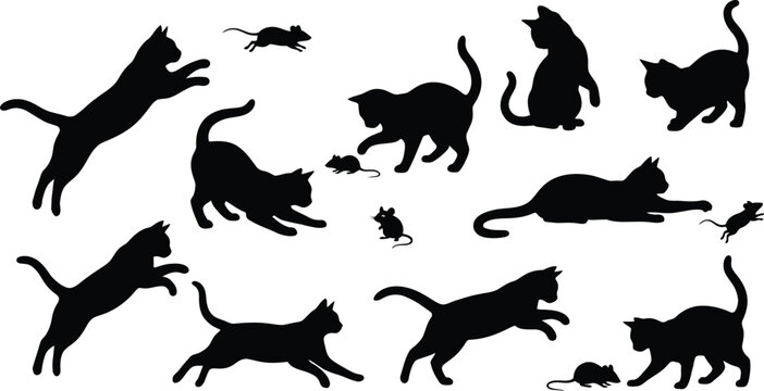  Set of Cat and Mouse Silhouettes Playing and Hunting Vector Illustration
