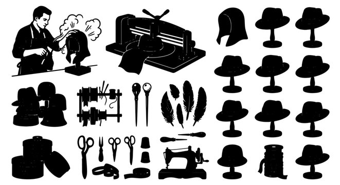 Premium Millinery Craftsmanship Set: Hat Making Tools, Materials, and Styles, Vintage Illustration Vector Icons