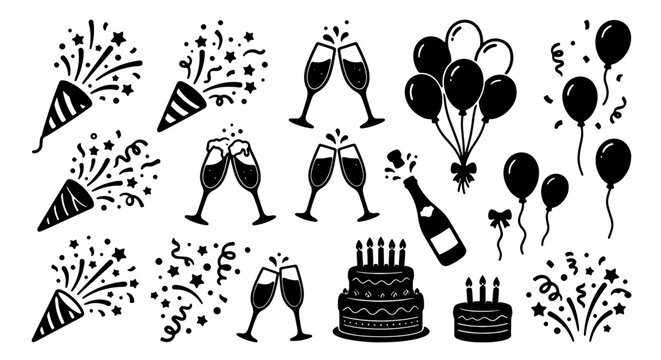 Premium Celebration Icons Set: Party Poppers, Champagne Toast, Birthday Cakes, Balloons, and Confetti Vector Graphics for Festive Occasions