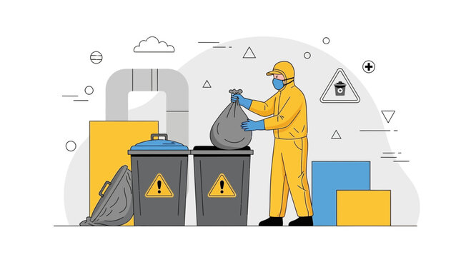 Worker in hazmat suit disposing of medical waste, hospital cleaning, disinfection, safety