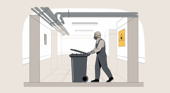 Worker in Hazmat Suit Disposing of Trash in a Bin in a Sterile Environment
