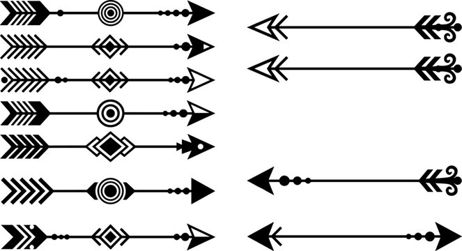 Stylized arrow illustration collection with decorative shafts, ornate fletchings, and unique arrowheads, symbolizing direction, creativity, lifestyle, and design concepts