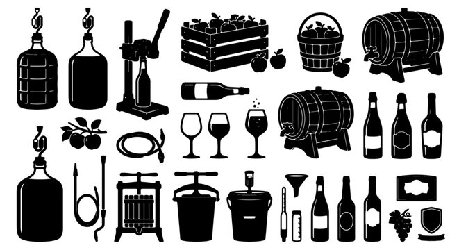 Premium Vintage Cider Making Equipment Set, Apple Harvest Tools, Wine Barrels, Bottles, Presses, and Accessories Vector Collection