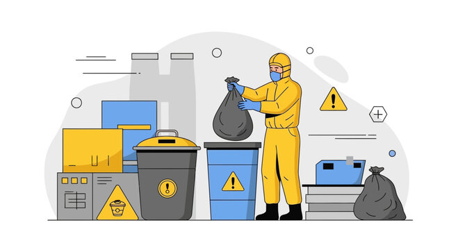 Worker in hazmat suit disposing of waste near industrial buildings