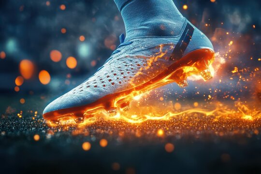 Energetic close-up of a soccer boot igniting with vibrant orange flames on a dark field, symbolizing speed, power, and intense passion for sports.