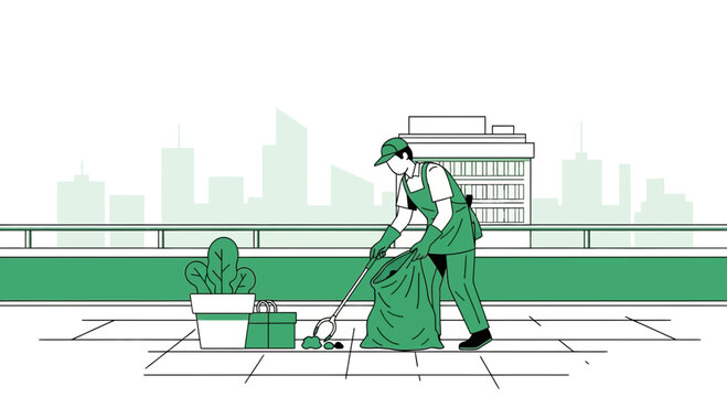 Urban Cleaner Sweeping Rooftop with Cityscape Background