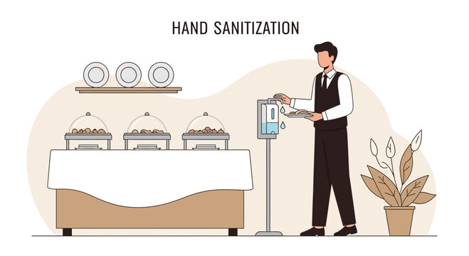 Waiter sanitizing hands at buffet with food stations and plates in background