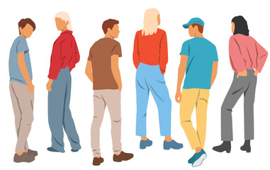 Fototapeta premium Men and women standing, group of people, back view, profile, different colors, cartoon character, silhouettes, summer clothes, flat iconographic design concept, isolated on white background