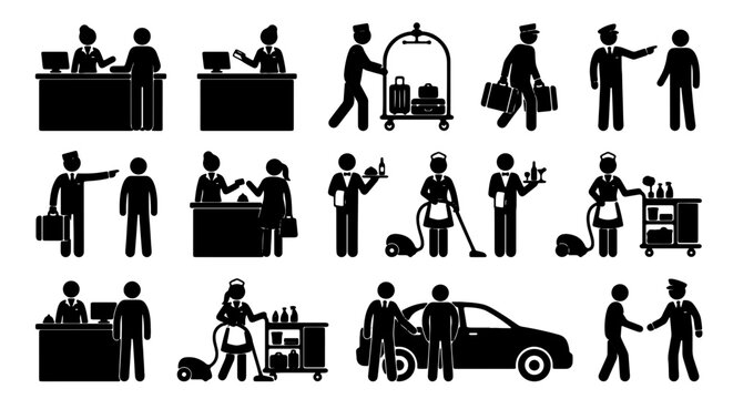 Hotel Staff Icons, Hospitality Service Silhouettes, Concierge, Bellhop, Housekeeping, Receptionist, Vector Collection