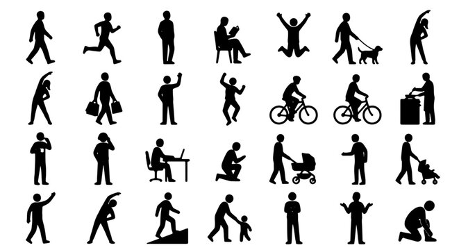 Silhouette Icon Set: Diverse Human Activities, 30 Vector Graphics for Lifestyle and Business Applications