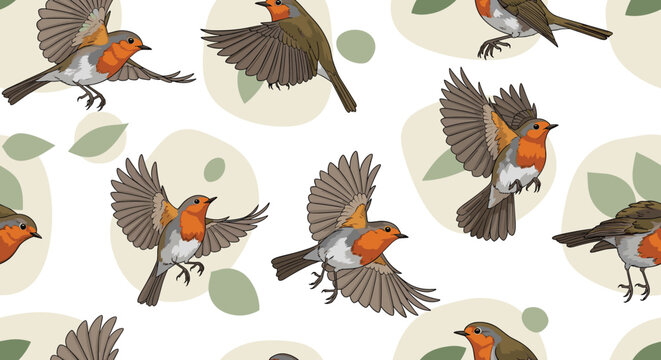 Charming seamless pattern of European robin birds in various flying and perched poses among soft green leaf shapes on a white background.