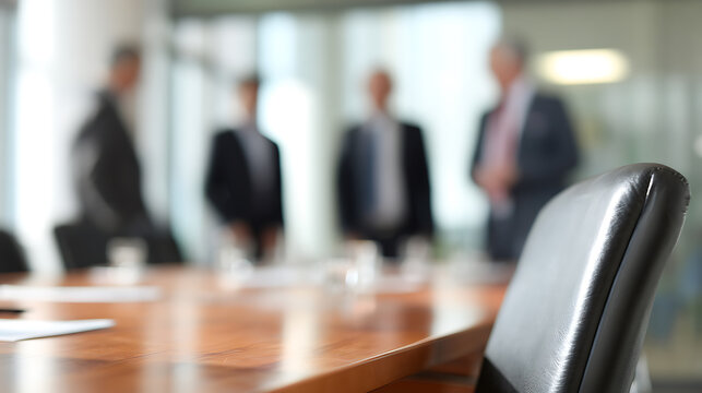 Blurred Business People Stand in Background of Conference Room Table with Focus on Empty Chair and Wood Surface