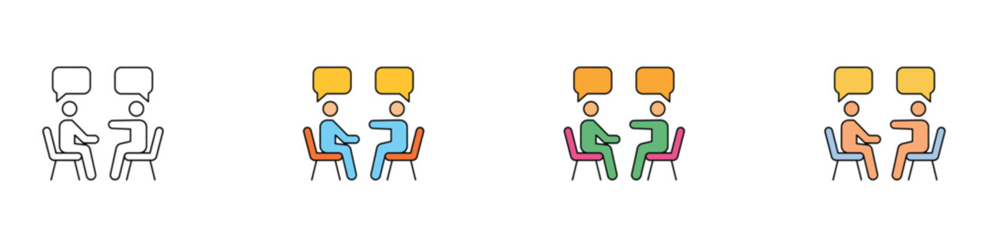 Job interview consultation and business communication icons. Vector illustration of flat human figures sitting on chairs representing corporate hiring discussion or HR partner meeting.