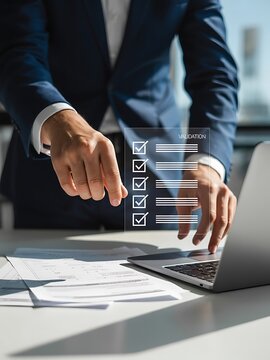 Executive hand touching validation checkmarks on digital holographic interface on screen.