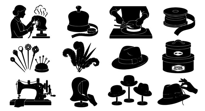 Millinery Craftsmanship Icons: Hat Making Process, Tools, and Finished Styles, Vector Set for Fashion Design and Retail