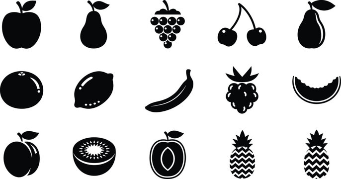 Set of black fruit icons including apple pear grape cherry banana and pineapple shapes