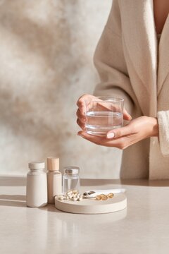 Woman holding a glass of water and supplements in a neutral wellness setting for lifestyle and healthcare design background and poster use