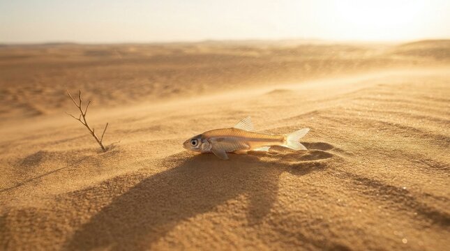 Tiny minnow fish in a dry desert with golden sand dunes and heat, sun and fins, surreal solitude and absurdity, unusual river